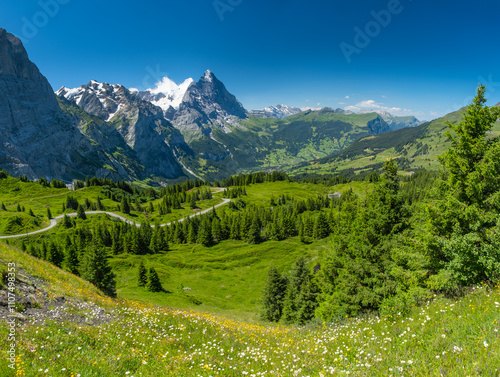 View on the alpine valley Grindelwald. Jungfrau, Switzerland. Under the Bernese alps. Mountain village. photo