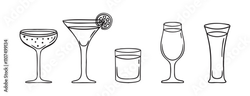 Cocktails doodle hand drawn icon set. Outline drawing cocktails line clipart symbol. Black and white sketch.