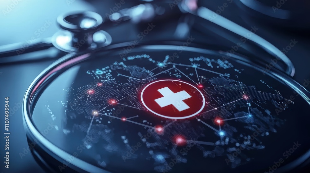 Obraz premium A digital depiction of a stethoscope and a global health network, featuring a prominent red Swiss cross symbolizing healthcare and connectivity.