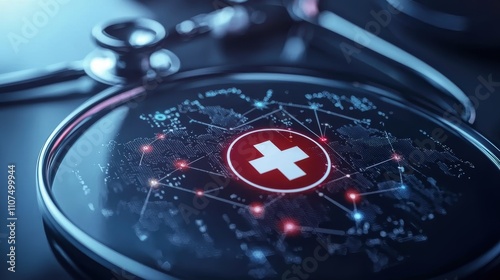 A digital depiction of a stethoscope and a global health network, featuring a prominent red Swiss cross symbolizing healthcare and connectivity.