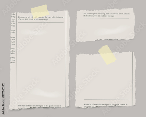 Set of vector realistic pieces of newspaper with adhesive tape on transparent background.