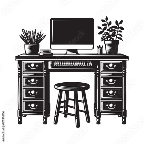 Desk table with drawers vector silhouette Desk table icon on a white background