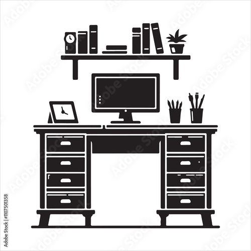 Desk table with drawers vector silhouette Desk table icon on a white background