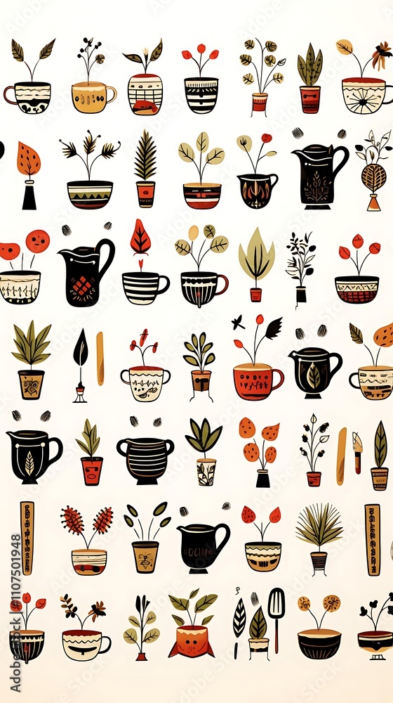 Illustrated collection of potted plants, flowers, and coffee mugs in various styles and colors.