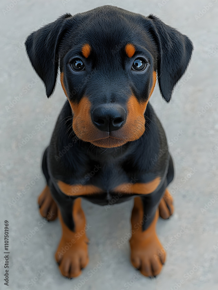 Fototapeta premium Adorable Doberman Pinscher puppy sitting, looking at camera.
