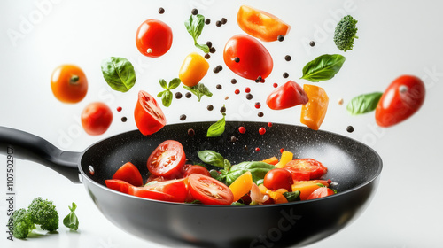 frying vegetables in a frying pan on a white background