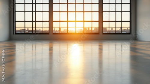 An empty loft with large windows affords a breathtaking sunset view over a city skyline, creating a perfect blend of industrial style and natural serenity indoors. photo