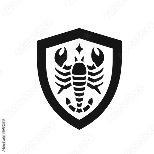 Simple and minimalistic scorpion logo inside a shield, in black and white, with a transparent background. photo