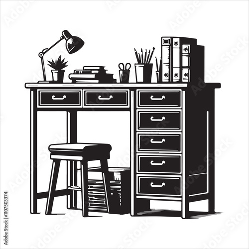 Desk table with drawers vector silhouette Desk table icon on a white background