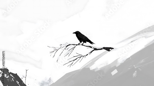 A solitary crow perched on a snow covered branch photo