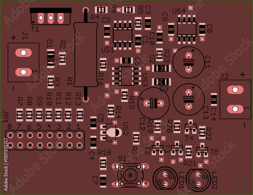 Placement of components of radio elements (contact
pads and seats) on printed circuit
board of electronic device.
Vector engineering 
drawing of pcb. Electric background. 
Computer technic cad design.