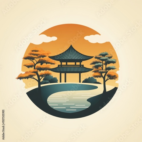 Sunset view of Asian pavilion by a pond, surrounded by trees in a circular design.