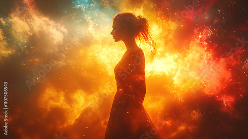 Stunning silhouette of a woman against a vibrant cosmic backdrop depicting space and celestial clouds. Generative AI