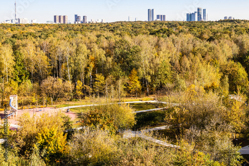 Sticker above view of city park on sunny autumn day