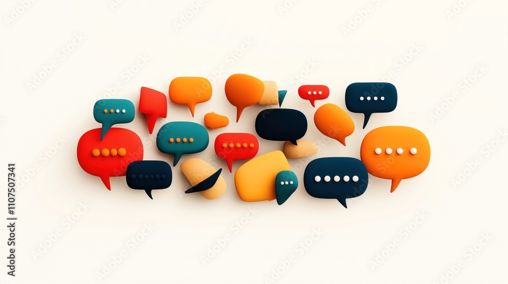 Obraz premium Abstract illustration of colorful 3D speech bubbles with various shapes and sizes against a light background.
