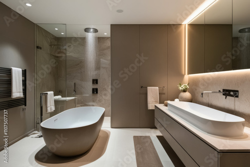 Modern Spa Retreat-a bathroom with a large tub and a shower