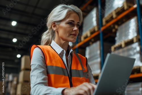 A focused woman wearing a safety vest works intently on her laptop inside a modern warehouse, illustrating careful management and dedication to precision.