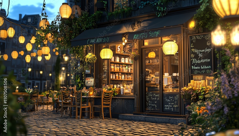 Fototapeta premium Charming European street scene at dusk. A quaint shop with outdoor seating is illuminated by warm hanging lanterns. Cozy atmosphere.