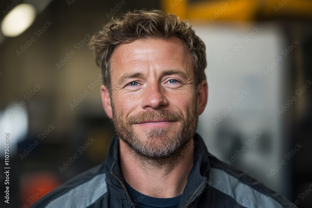 A portrait of a cheerful bearded worker in a warehouse, wearing a jacket and posing confidently, exuding warmth and professionalism in an industrial environment. A portrait of a cheerful bearded worker in a warehouse, wearing a jacket and posing confidently, exuding warmth and professionalism in an industrial environment.