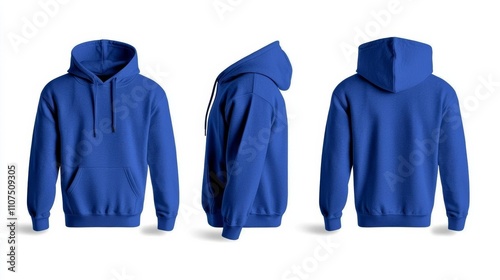 a photostock of a  Front and back view of a royal blue hoodie with no print. , isolated on white background,  , copy space, copy space for text,