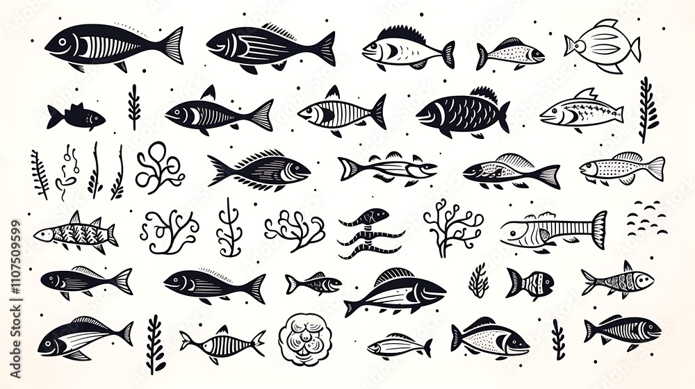 Collection of hand-drawn monochrome fish illustrations, including various species and aquatic plants, perfect for design projects. Collection of hand-drawn monochrome fish illustrations, including various species and aquatic plants, perfect for design projects.