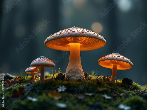 mushrooms are sitting on the ground in the dark with a light on them. photo