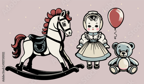 Retro toys collection. Rocking horse, porcelain doll and teddy bear