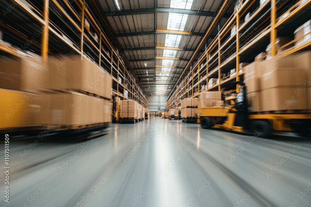Obraz premium A vast warehouse with rows of shelves storing numerous large boxes, captured with a sense of motion, highlighting the fast-paced environment of modern distribution.