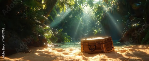 mysterious skull island features a treasure chest halfburied in golden sand with lush greenery and eerie mist creating an adventurous scene full of exploration and secrets photo