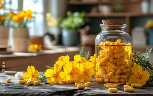 Closeup of evening primrose oil gel capsules in a glass bottle, vibrant yellow flowers, and scattered pills on a wooden surface photo