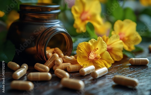 Closeup of evening primrose oil gel capsules in a glass bottle, vibrant yellow flowers, and scattered pills on a wooden surface photo