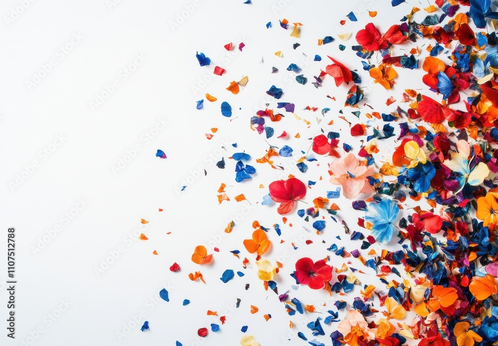 Fototapeta premium Colorful Petals Spread Across a White Background Creating a Vibrant Display of Floral Beauty for Creative Design and Aesthetic Projects