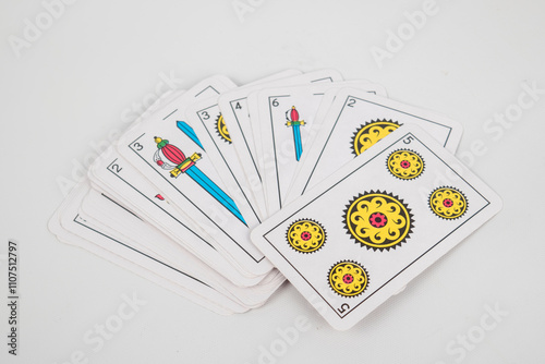 deck of spanish cards on white background