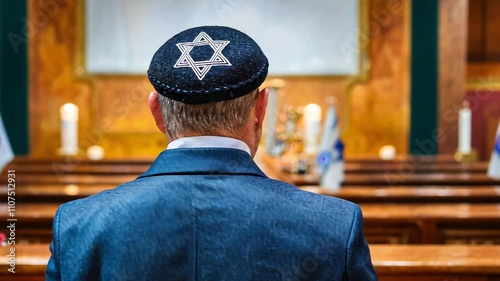 Back view of a man in a blue kippah with Star of David standing before the altar in a synagogue. 4k Video footage photo