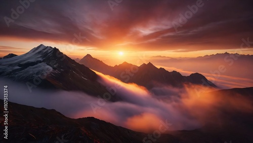 A colorful sunset over a vast mountain range