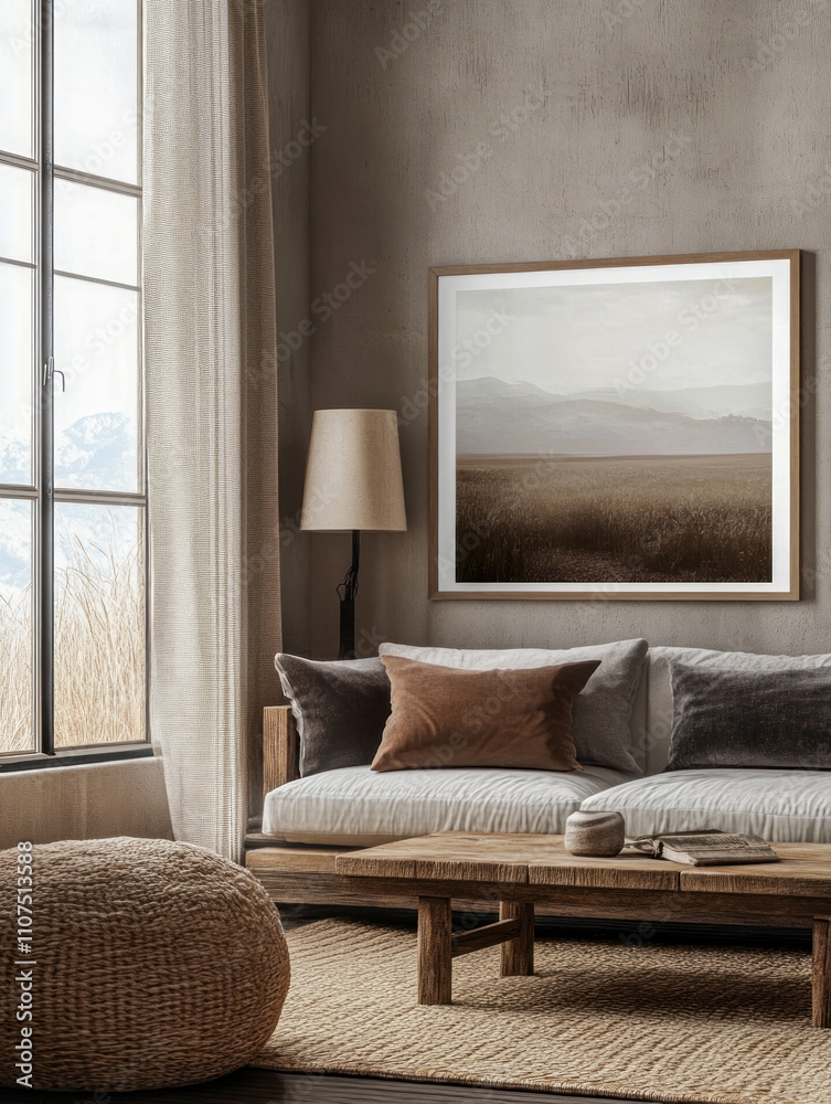 Fototapeta premium Cozy living room with rustic decor and landscape artwork