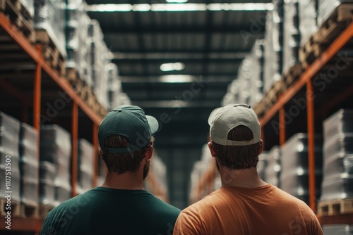 Back view of two young men in caps, observing towering shelves filled with boxes, symbolizing teamwork and warehouse management under dim lighting. photo