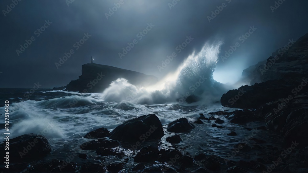 Obraz premium A dramatic view of waves crashing on rocky shores