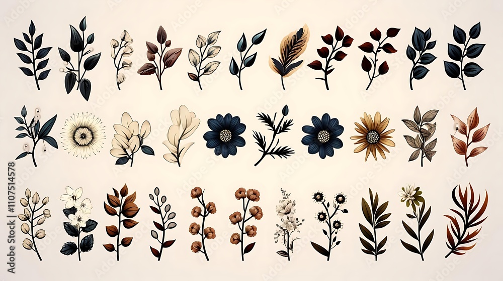 Fototapeta premium Collection of 30 unique botanical illustrations; leaves, flowers, branches in dark, muted tones.