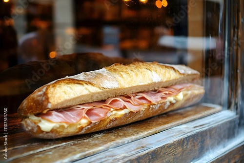 A close-up of a French jambon-beurre sandwich with crusty baguette, thin ham layers, and butter, in a rustic bakery window, reflecting Parisian charm. Sandwich jambon beurre