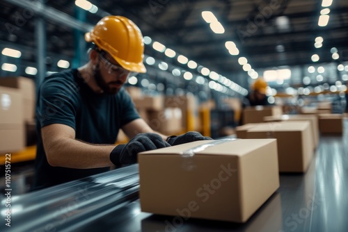 A focused worker wearing a hard hat boxes up products on a fast-moving conveyor belt, highlighting efficiency and organization in a modern warehouse environment. photo