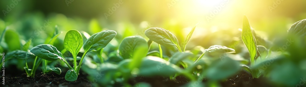 Fototapeta premium Spinach plants growing in a thriving vegetable garden, rich green foliage, and healthy soil under soft sunlight