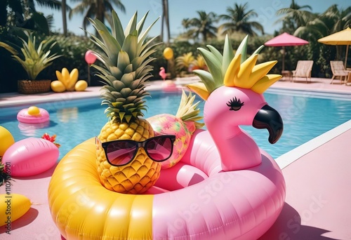 Sunny Pineapple Chillaxing on Flamingo Float photo