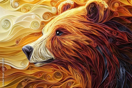 Intricate quilling craft of a bear symbolizing strength amidst nature's embrace