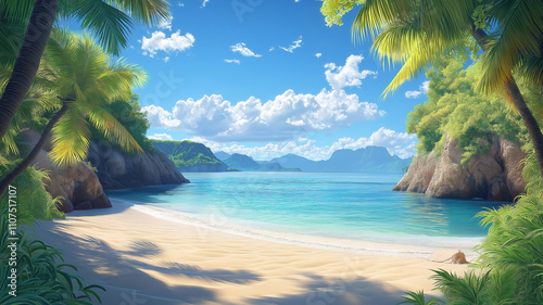 Beautiful animated tropical beach landscape with palm trees and cliffs, perfect for relaxation