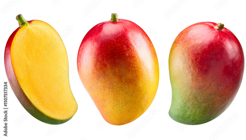 Ripe mango fruit and a slice isolated on transparent background, showcasing its vibrant colors and juicy texture Ripe mango fruit and a slice isolated on transparent background, showcasing its vibrant colors and juicy texture