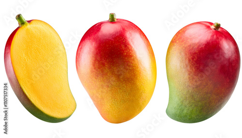 Ripe mango fruit and a slice isolated on transparent background, showcasing its vibrant colors and juicy texture