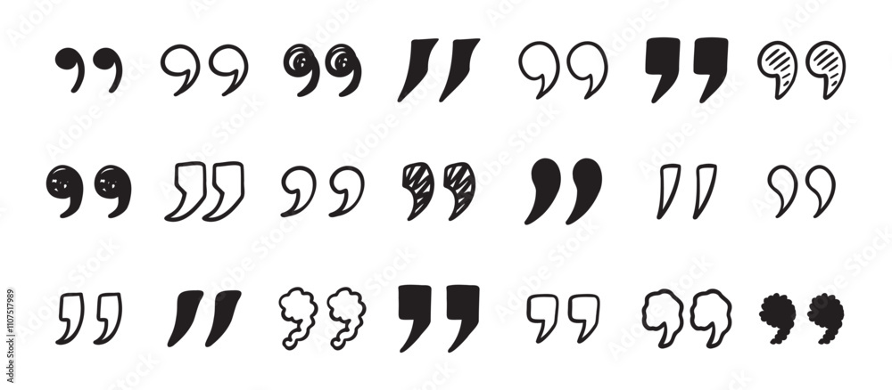 Obraz premium Quotation mark doodle hand drawn set. Quotation marks drawing for quotes template