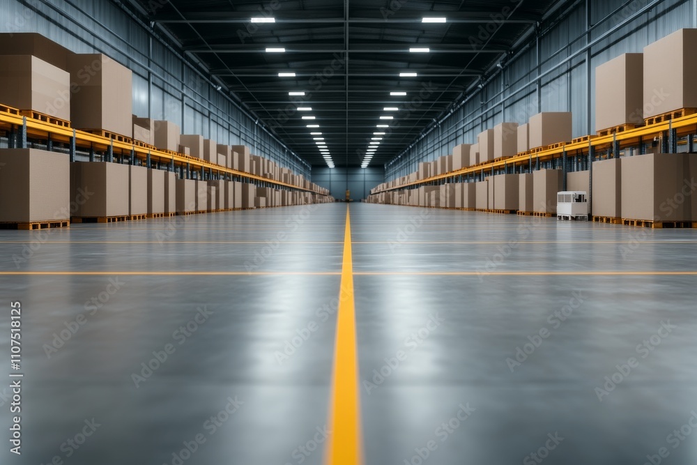 Fototapeta premium An expansive view of a warehouse interior with parallel rows of neatly stacked boxes, underlining meticulous organization and large-scale storage capacity.