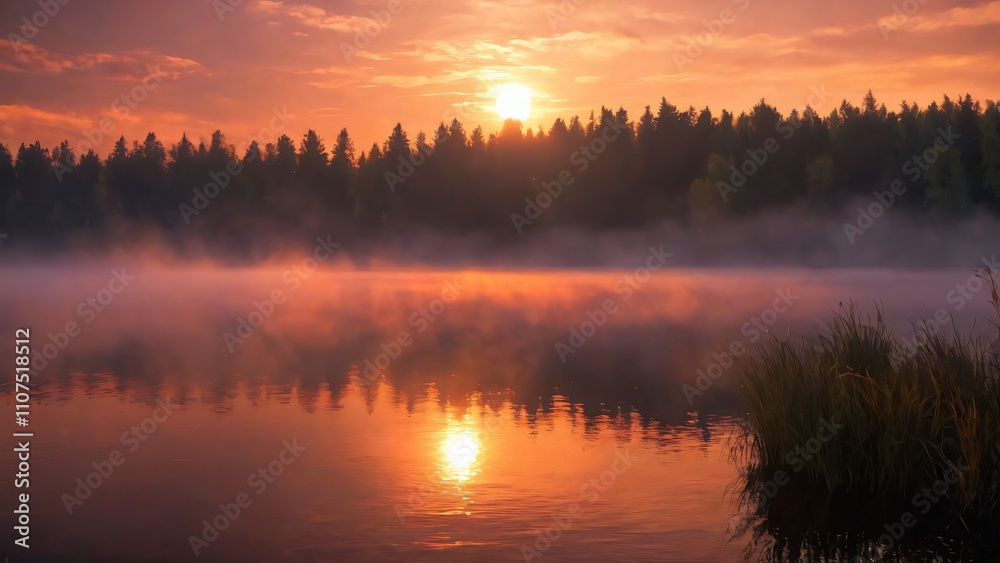 Fototapeta premium A vibrant sunset over a peaceful lake
